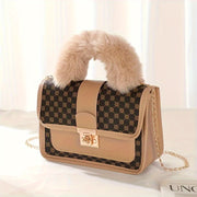 Women'S Vintage Faux Fur Shoulder Bag with Geometric Pattern, Retro Style, Lightweight, Detachable Chain Strap, Safety Lock Closure, Polyester Lining, Ideal for Casual Dates & Special Occasions, Available in White, Black, and