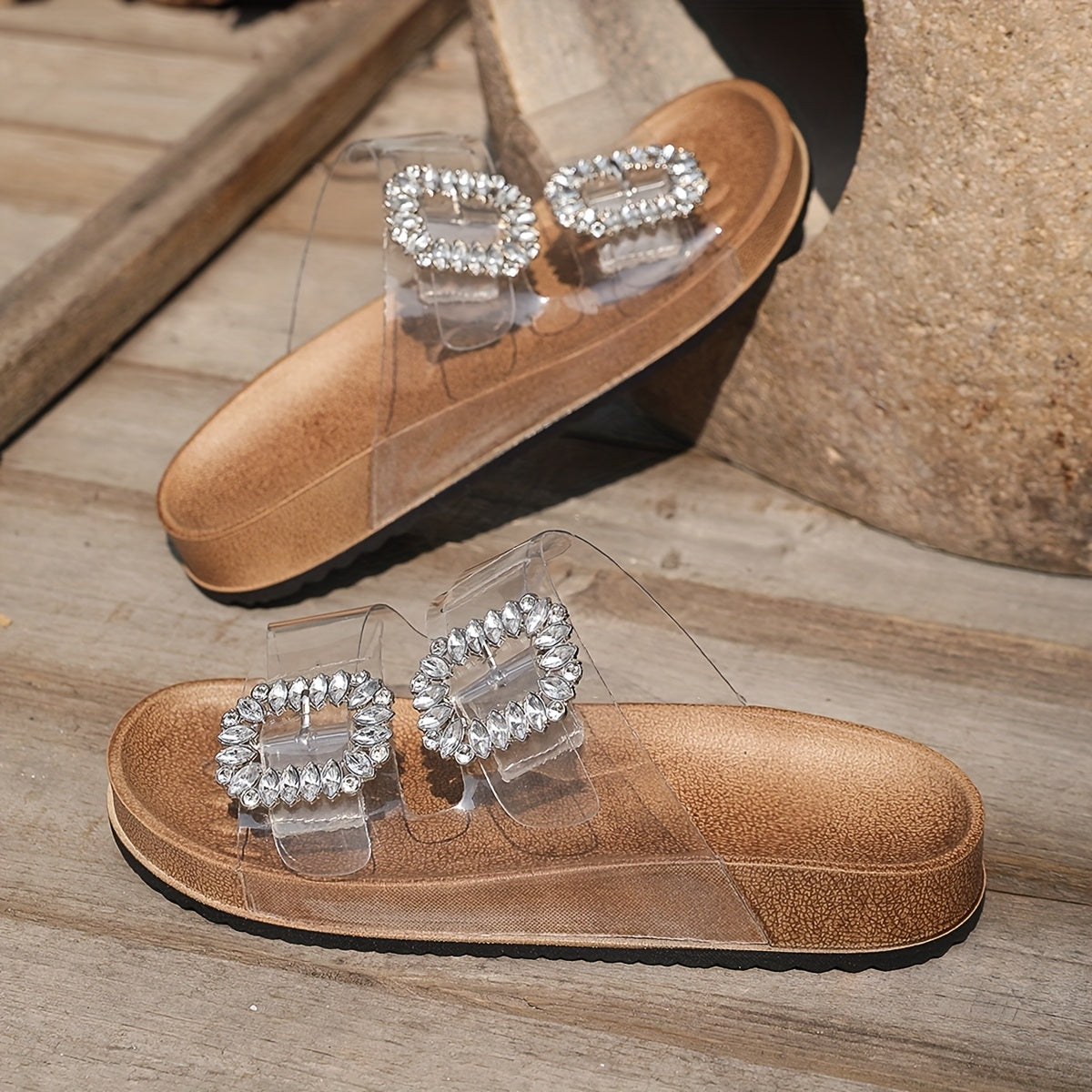 Women's Casual Versatile Double Strap and Buckle Flat Slippers, New Summer Rhinestone Square Buckle Outdoor Thick Sole Transparent Beach Shoes