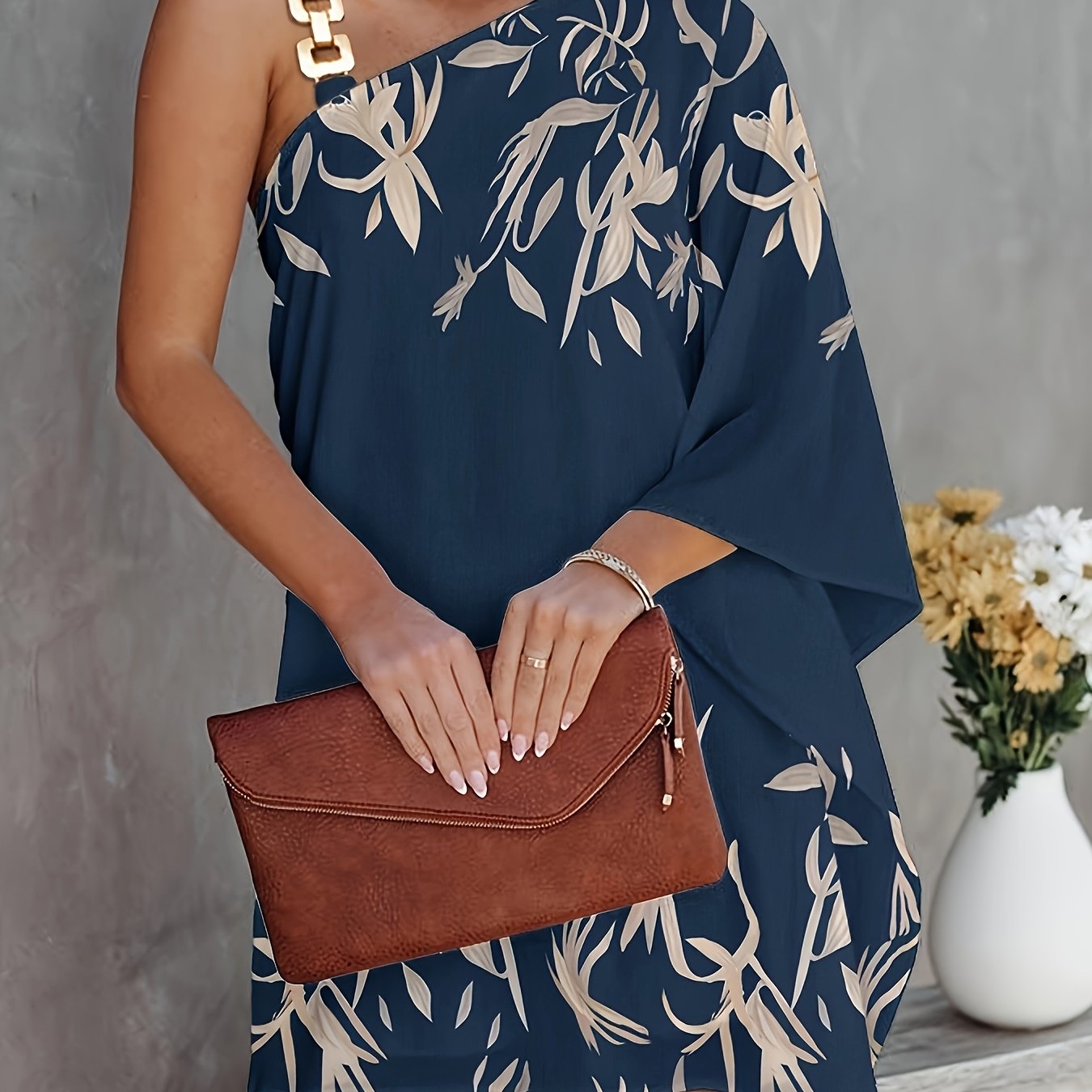 Women's Elegant Multicolor Print Dress - One-Shoulder with Golden Chain Detail, Polyester Blend, Machine Washable, Perfect for Spring/Summer Fashion Events