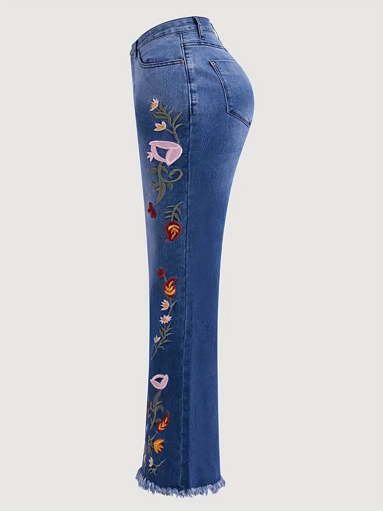 Vintage Floral Embroidered Denim Bell Bottom Jeans for Women - Medium Stretch Woven Fabric, All-Season Flare Pants