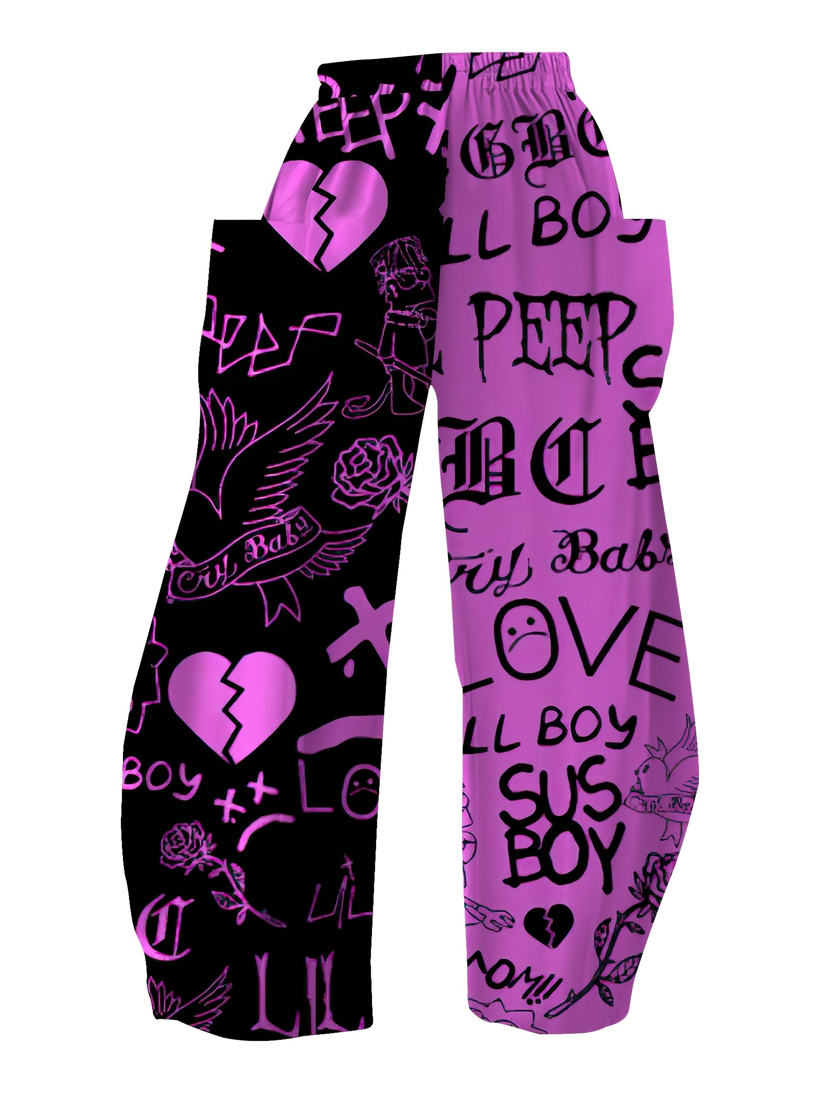 Women'S High-Waisted Casual Palazzos, 3D Heart & Letter Print, All-Over Pattern, Loose Fit, Wide Leg, Long Length, Non-Stretch Polyester, 120g/m², Woven Fabric, All-Season, with Pockets, Trendy Dance & Sport Style