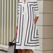 Half Sleeves Loose Buttoned Striped Lapel Midi Dresses Shirt Dress