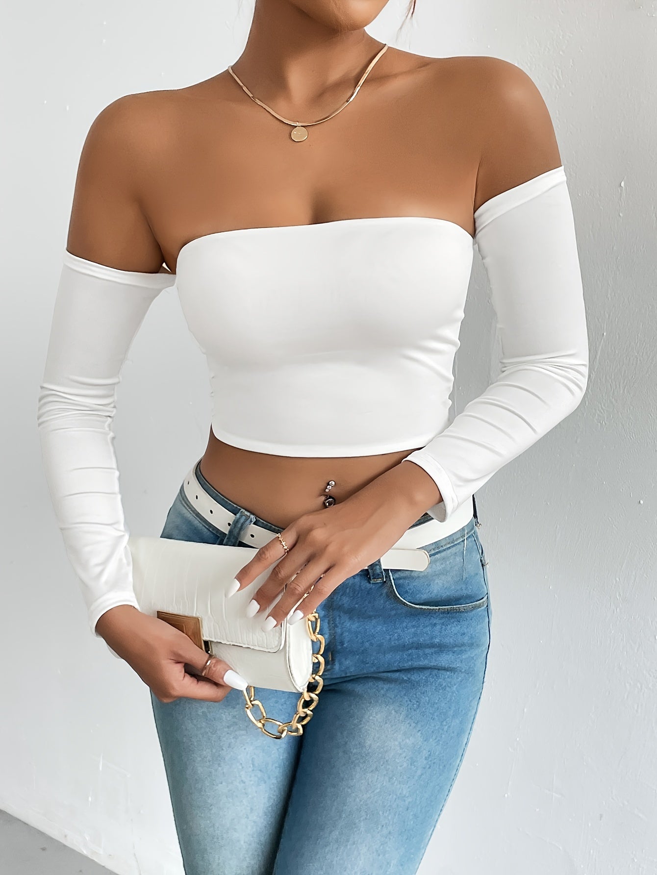 Off Shoulder Crop T-Shirt, Sexy Long Sleeve Slim Top For Spring & Fall, Women's Clothing