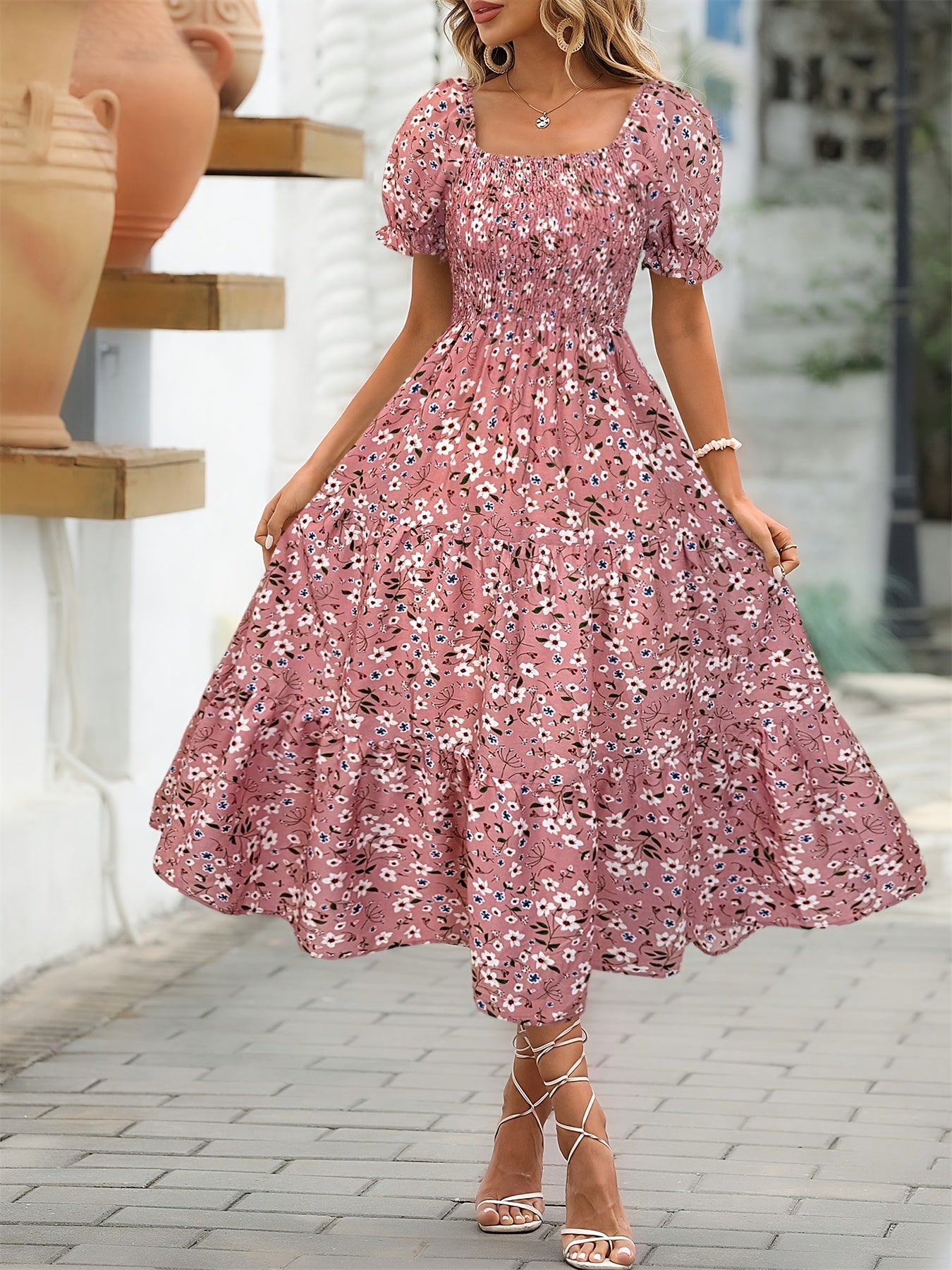 Women'S Elegant Floral Print Midi Dress with Ruffle Sleeves and Square Neck - Loose Fit, Sleeveless, Polyester Lined, Perfect for Spring/Summer, Casual Attire|Floral Print Dress|Polyester Lined Dress