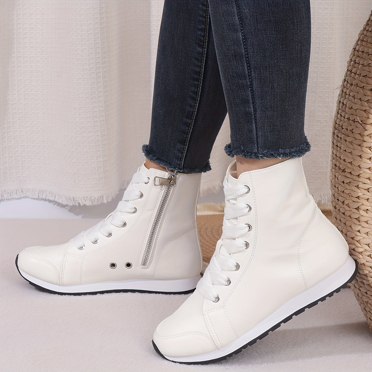 YMM980-99 White & Black Military Green High-Top Side Zipper Women'S Fashion Casual Versatile Inner Zipper Lace-Up Comfortable Breathable Sports Ankle Boots