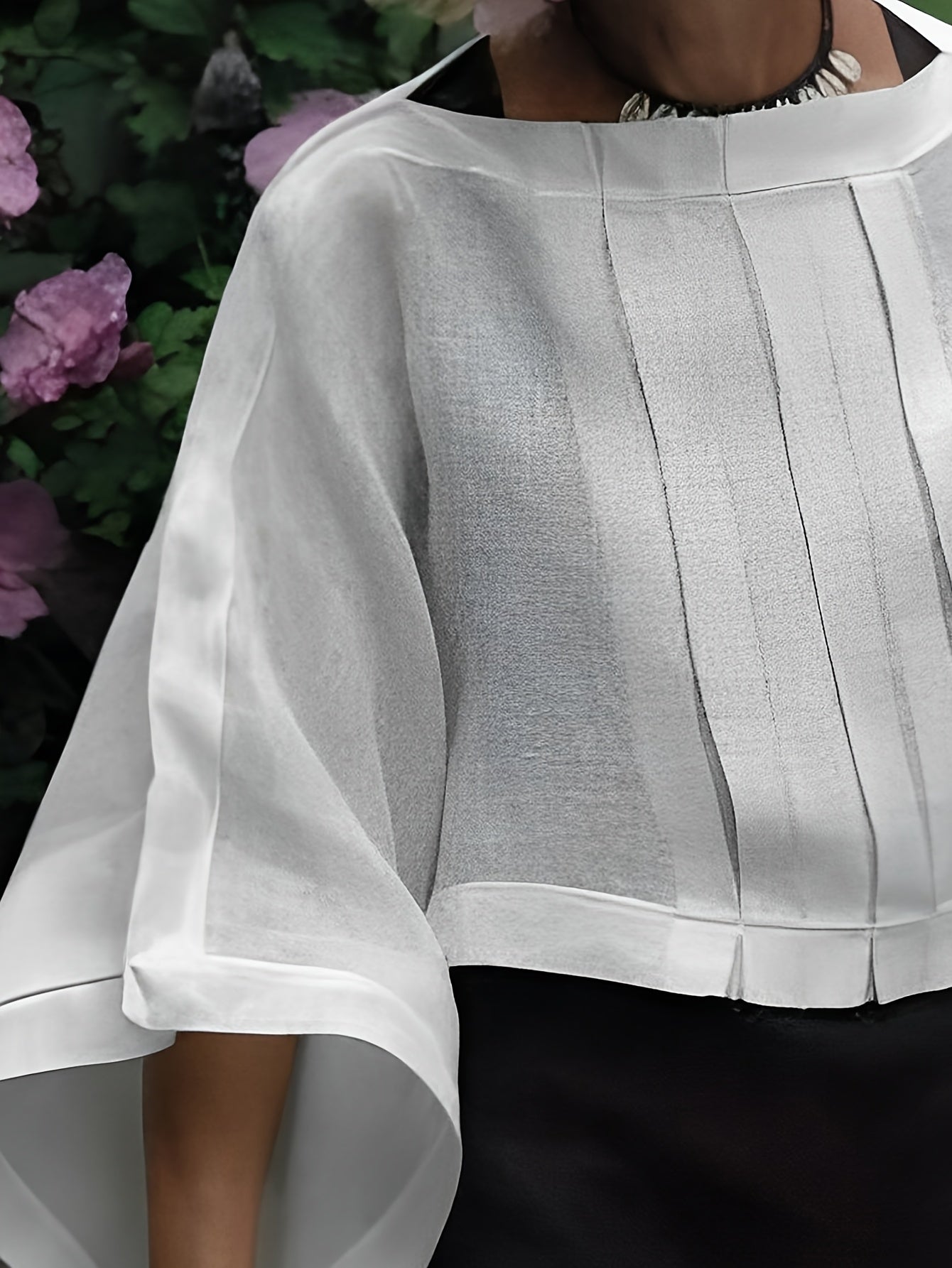 Elegant Polyester Blend 3/4 Sleeve Shirt for Women - Loose Fit Boat Neck Solid Color Woven Shirting with Pleated Detail, All-Season Versatile Top