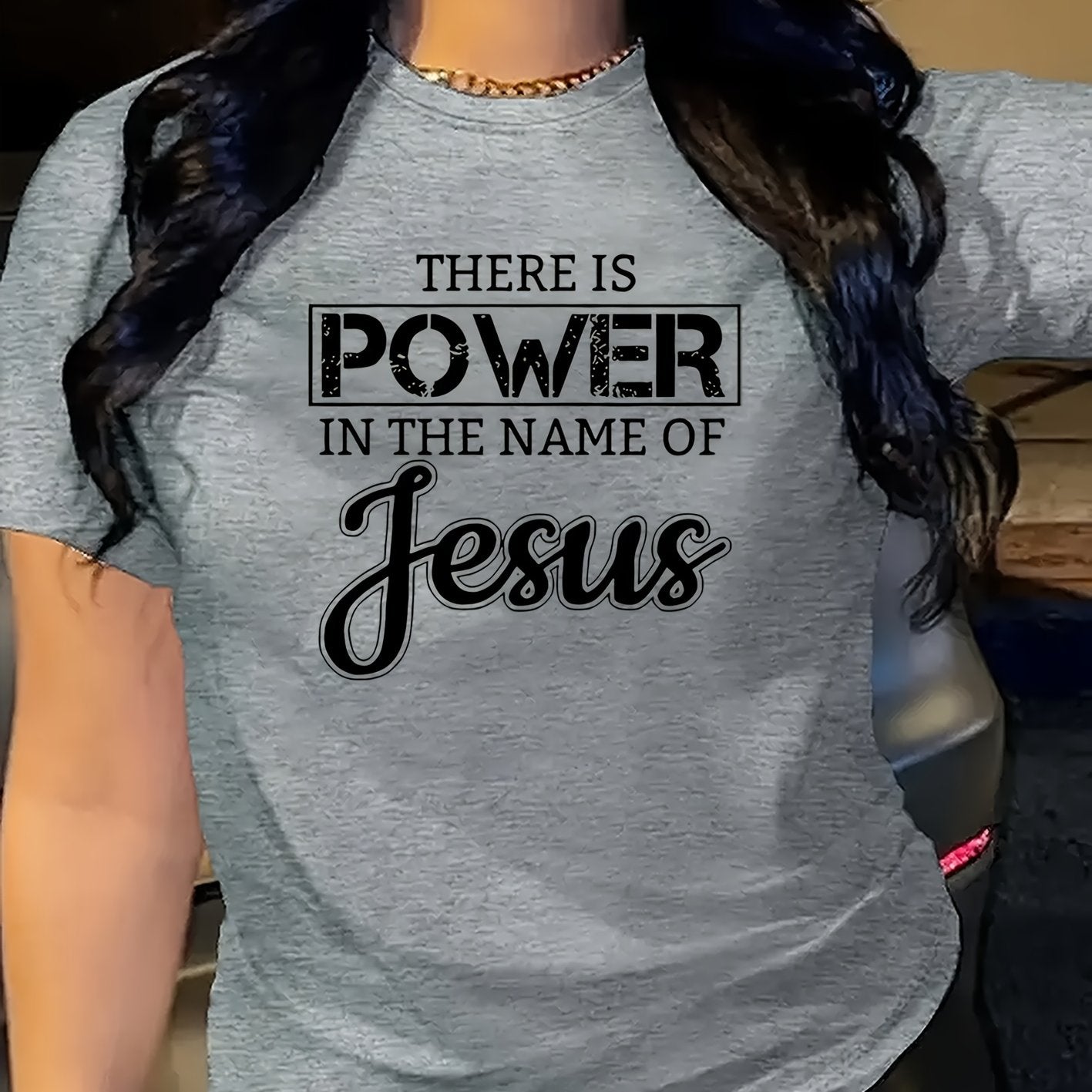 Women's Inspirational Jesus Power Quote T-Shirt - Casual Crew Neck, Short Sleeve, Beige Polyester Tee with Artistic Letter Print, Machine Washable, Casual Wear|Graphic Tee|Polyester Fabric
