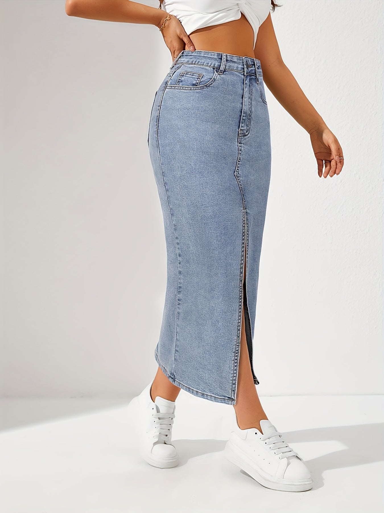 2025 Summer Women's High-Waisted Slim Fit Light Blue Denim Skirt with Side Slit - Bohemian Retro Style Machine Washable 3-Season Versatile Casual to Dressy Denim Skirt, Elegant Daywear, Sleek Finish
