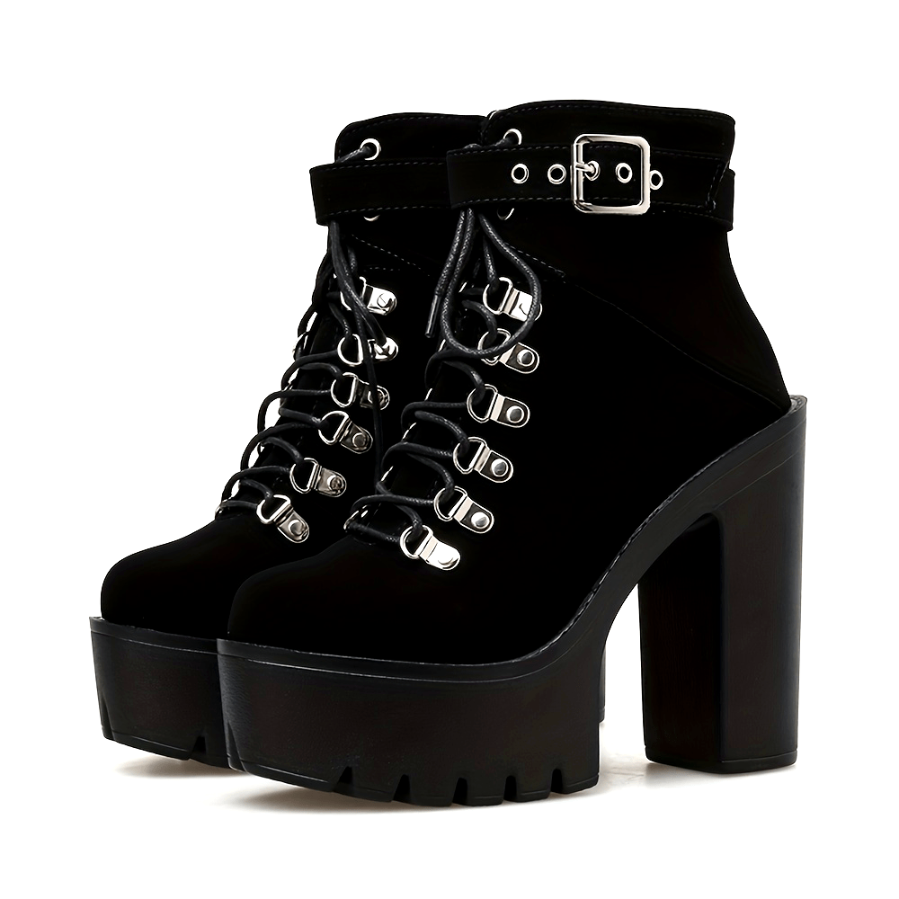 Black Women's Platform High Heels Ankle Boots, Round Toe Lace Up Ankle Buckle Strap Fashion Party Motorcycle Short Pumps