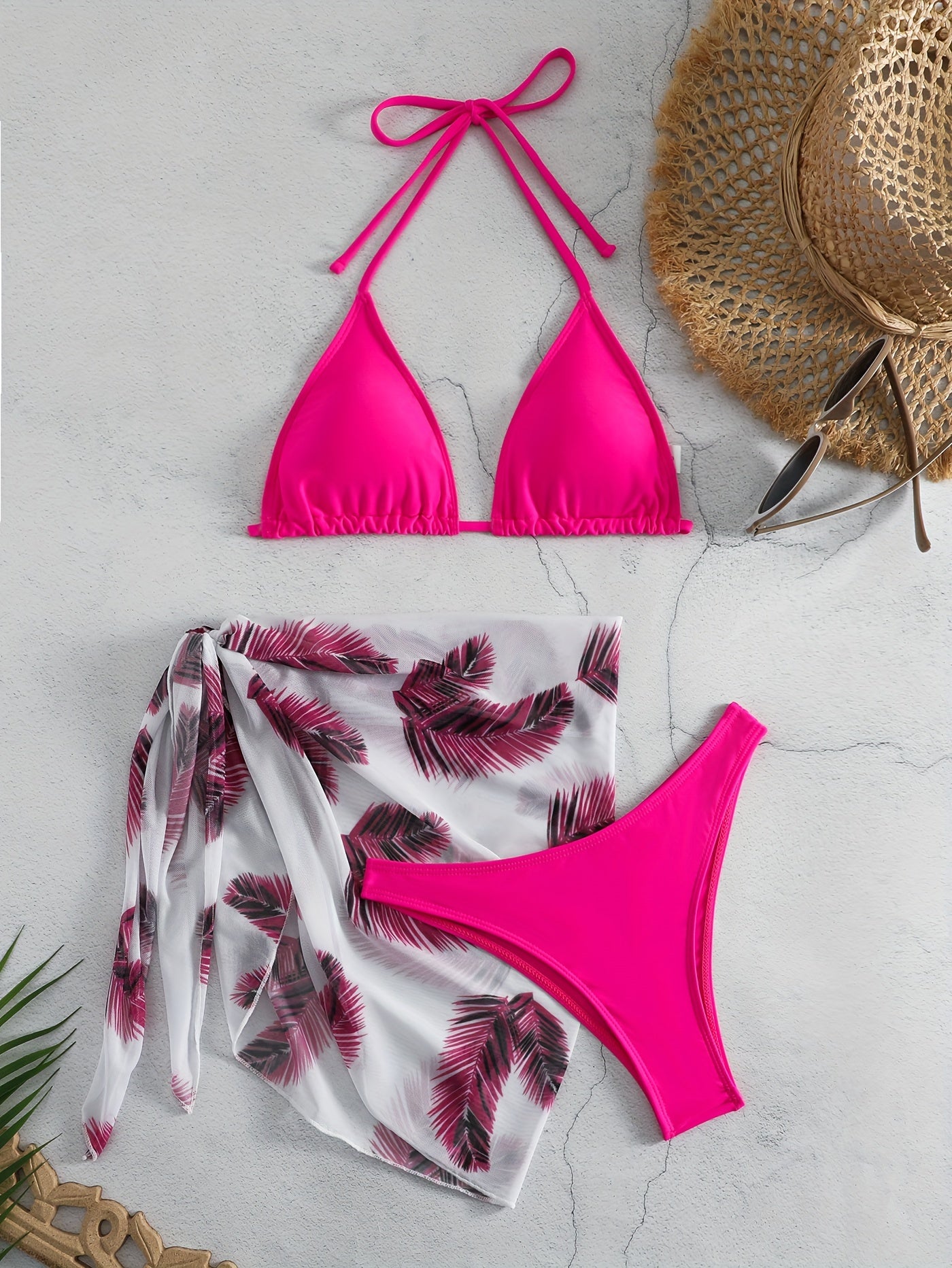 3-Piece Feather Print Bikini Sets, Halter Neck Tie Back Backless High Cut With Cover Up Wrap Swimsuit, Women's Swimwear & Clothing