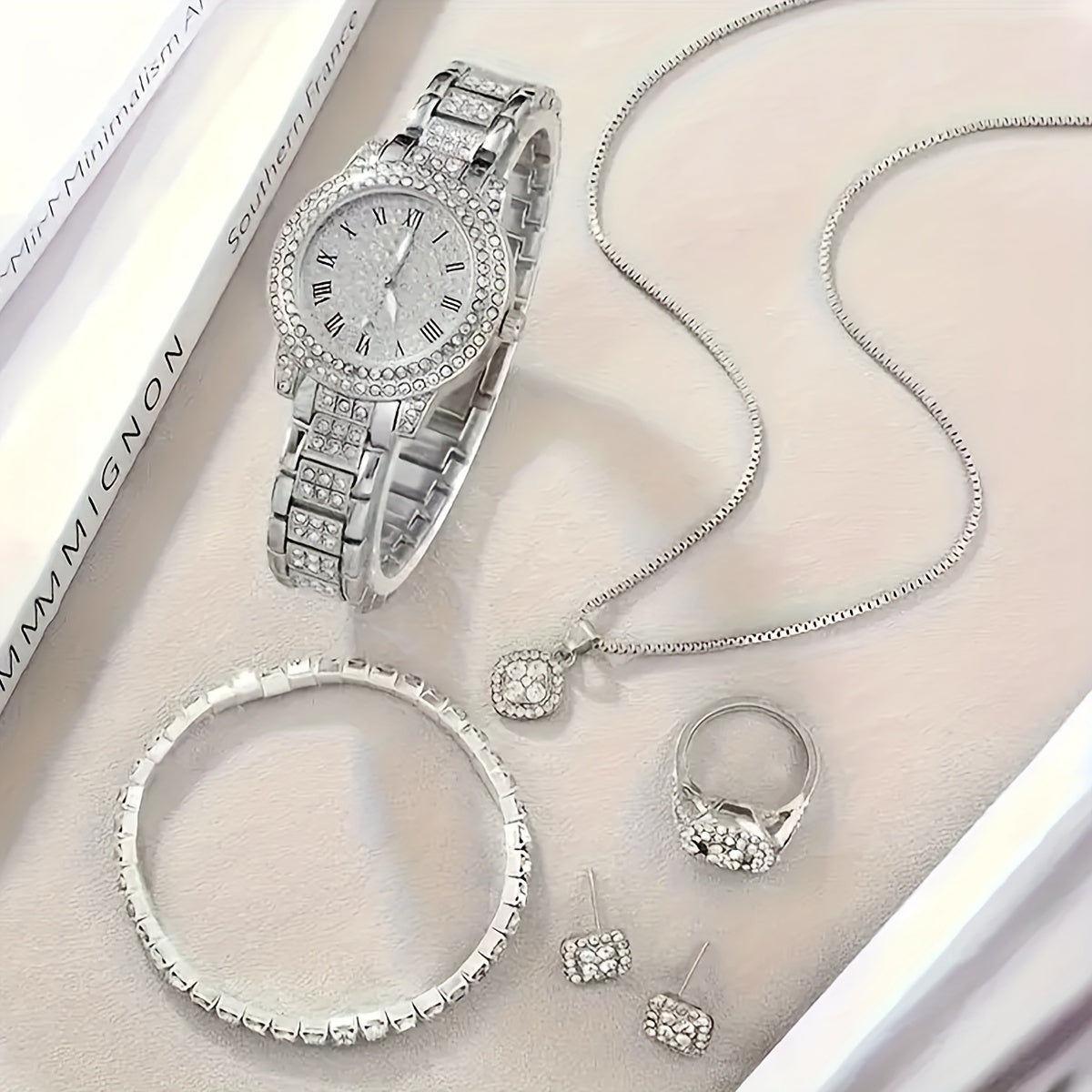 6pcs Elegant Women'S Jewelry Set - Zinc Alloy Body with Rhinestone Embellishments, Includes Quartz Roman Numerals Watch, Bracelet, Ring, Earrings, and Pendant Necklace - Versatile for Daily Wear and Gifting