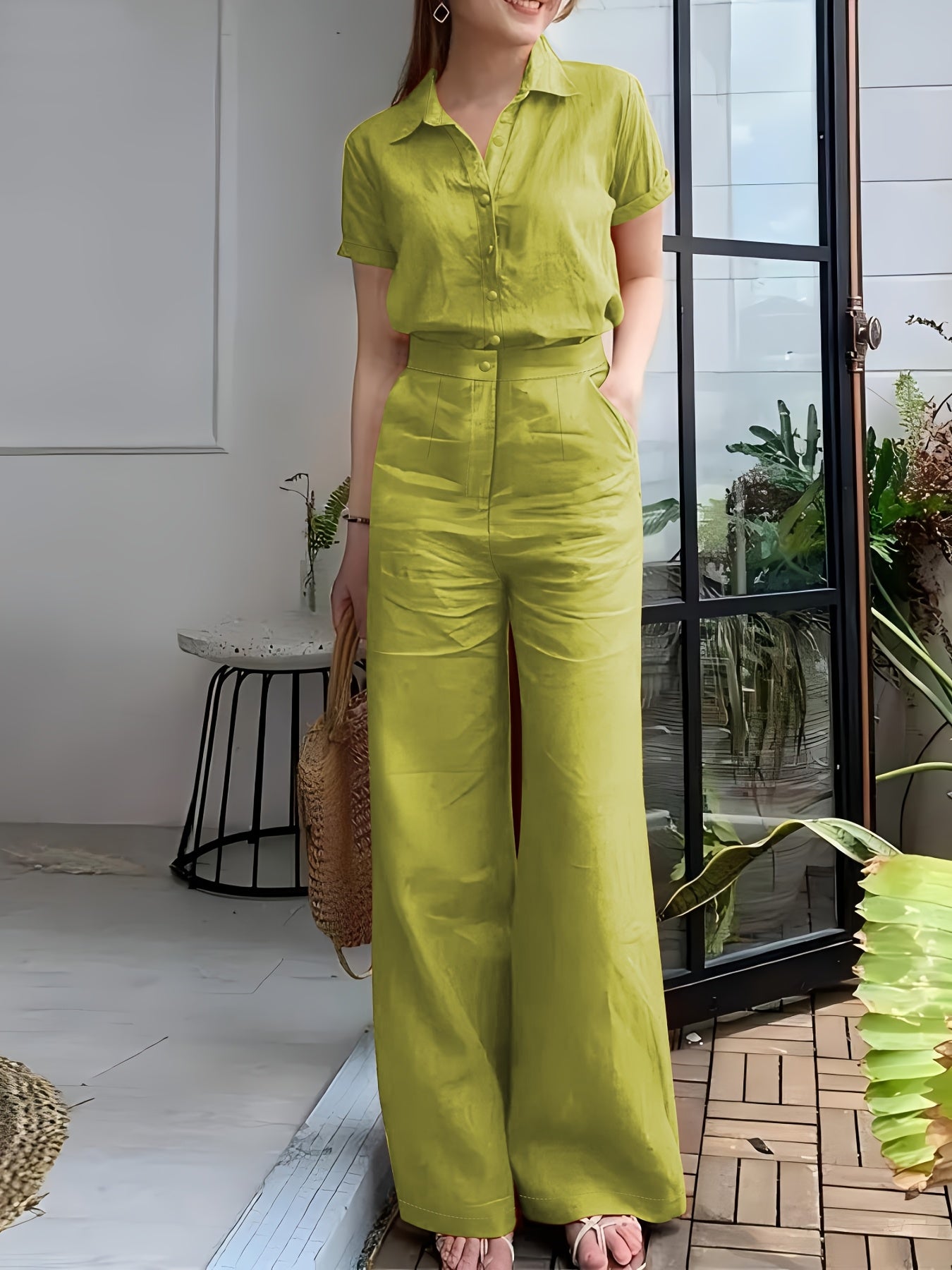 Women'S Solid Color Short Sleeve Shirt and Long Pants Elegant Two-Piece Set