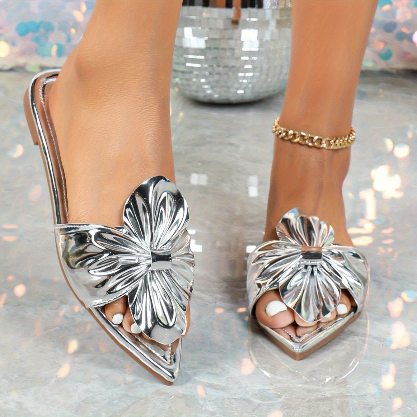 Women'S Golden Pointed Toe Mules with Bow Detail - Slip-On Flat Sandals, Synthetic Upper, TPR Sole, All-Season Comfort Shoes, Fashionable Footwear|Elegant Footwear|Synthetic Sandals