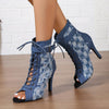 Women'S All-Season Fashion Sneaker Boots - Casual Lace-Up High Heel Boots with Round Toe, Blue Denim Fabric Upper, Rubber Sole, Stylish Western Style, Casual Wear Boots|Denim Upper Boots|Rubber Sole Boots