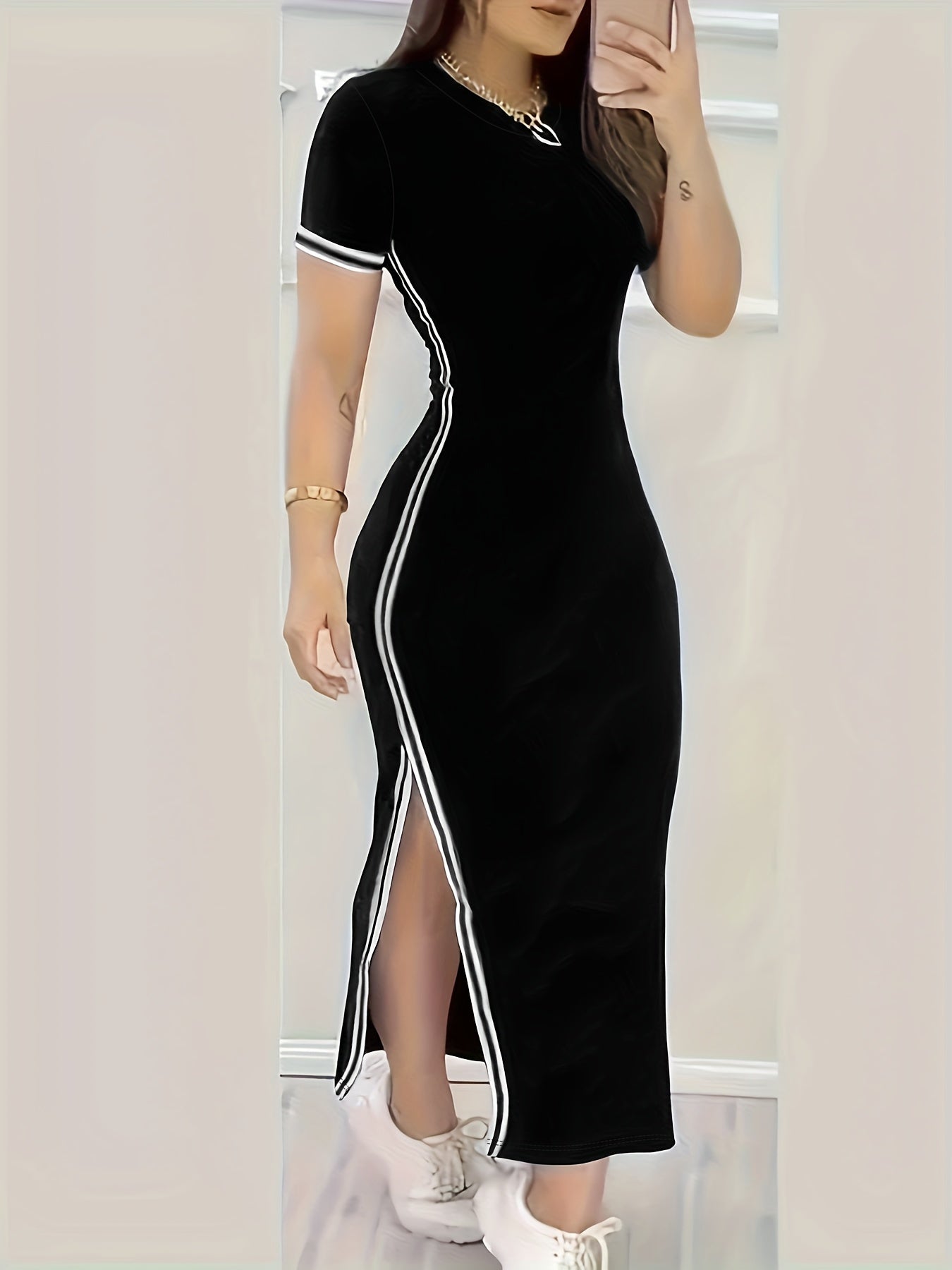 Contrast Trim Split Hem Bodycon Dress, Short Sleeve Crew Neck Casual Dress, Women's Clothing For Party Dressing