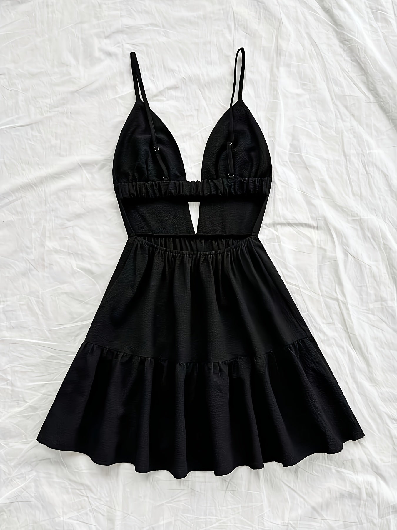 Women's Black V-Neck Open Back Ruched Waist Sleeveless Dress - Lightweight Machine-Washable Solid Color Casual to Evening Wear for Spring Summer Fall
