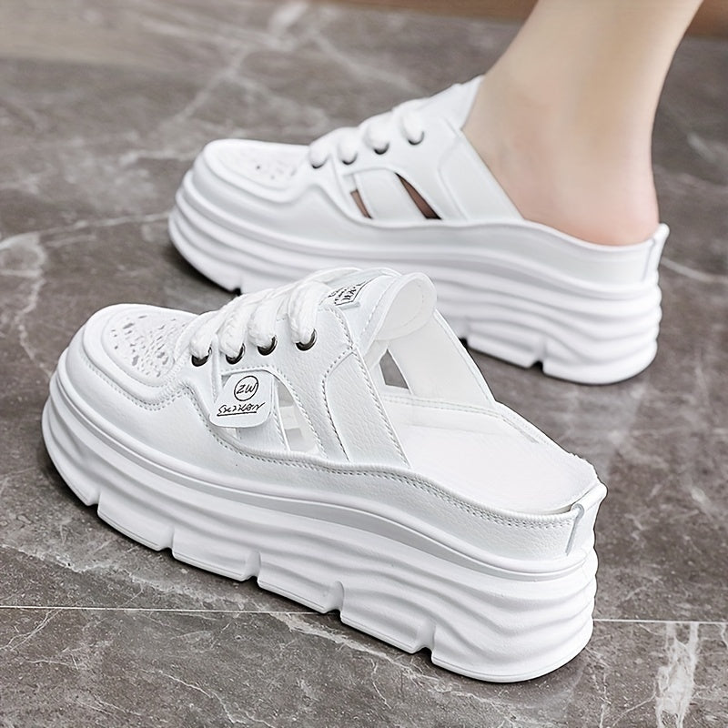 Comfortable Breathable Women's Platform Mule Sneakers, Casual Cutout Design Lace Up Summer Shoes