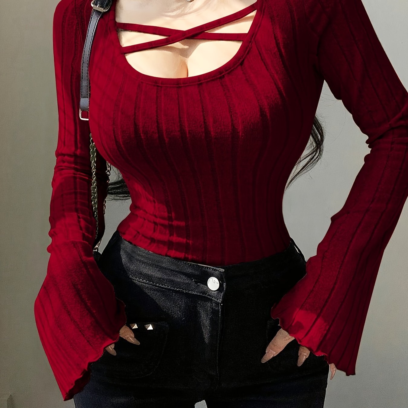 Crisscross Scoop Neck Skinny Top, Casual Solid Color Long Sleeve Ribbed Top For Spring & Fall, Women's Clothing
