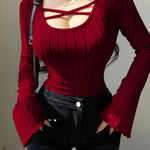 Crisscross Scoop Neck Skinny Top, Casual Solid Color Long Sleeve Ribbed Top For Spring & Fall, Women's Clothing