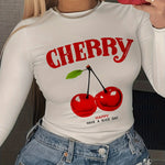 Cherry Print Crew Neck T-Shirt, Casual Long Sleeve Top for Spring & Fall, Women's Clothing