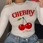 Cherry Print Crew Neck T-Shirt, Casual Long Sleeve Top for Spring & Fall, Women's Clothing