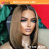 13x4 Transparent Lace Front Wig 10 Inch Straight Bob Human Hair Wig - Brown to Blonde Ombre with Black Highlights, 180% Density, Business Style for Women of All Ethnicities, Wig Accessories
