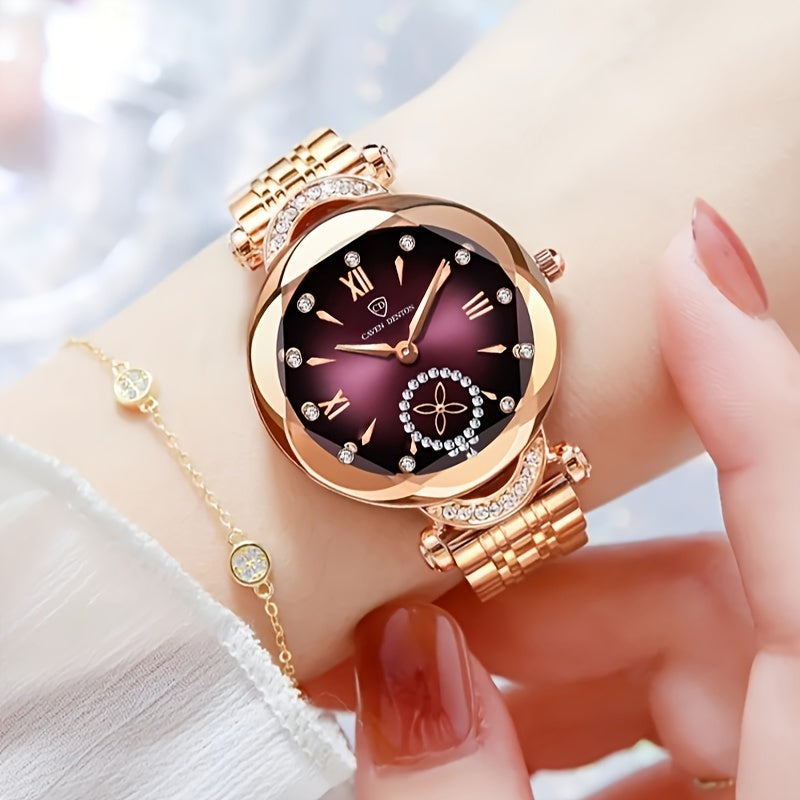 Elegant Women's Quartz Watch with Rhinestone Accents - Rose Golden Case & Stainless Steel Band, Roman Numerals, Independent Second Hand - Ideal for Business or Formal Wear - Perfect Mother's Day, Christmas, or Back-to-School