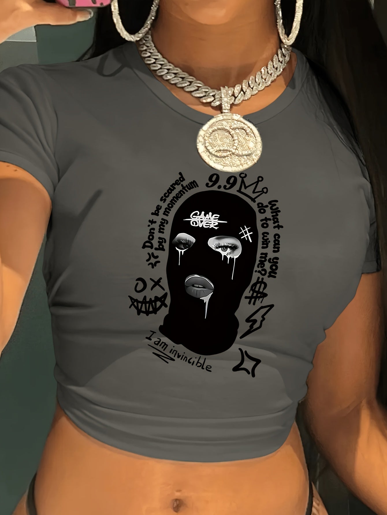 Women'S Y2K Graphic Crop Top T-Shirt - Black Short Sleeve with Unique Black and White Print, Casual Spring/Summer/Fall Wear, Crop Top Blouse