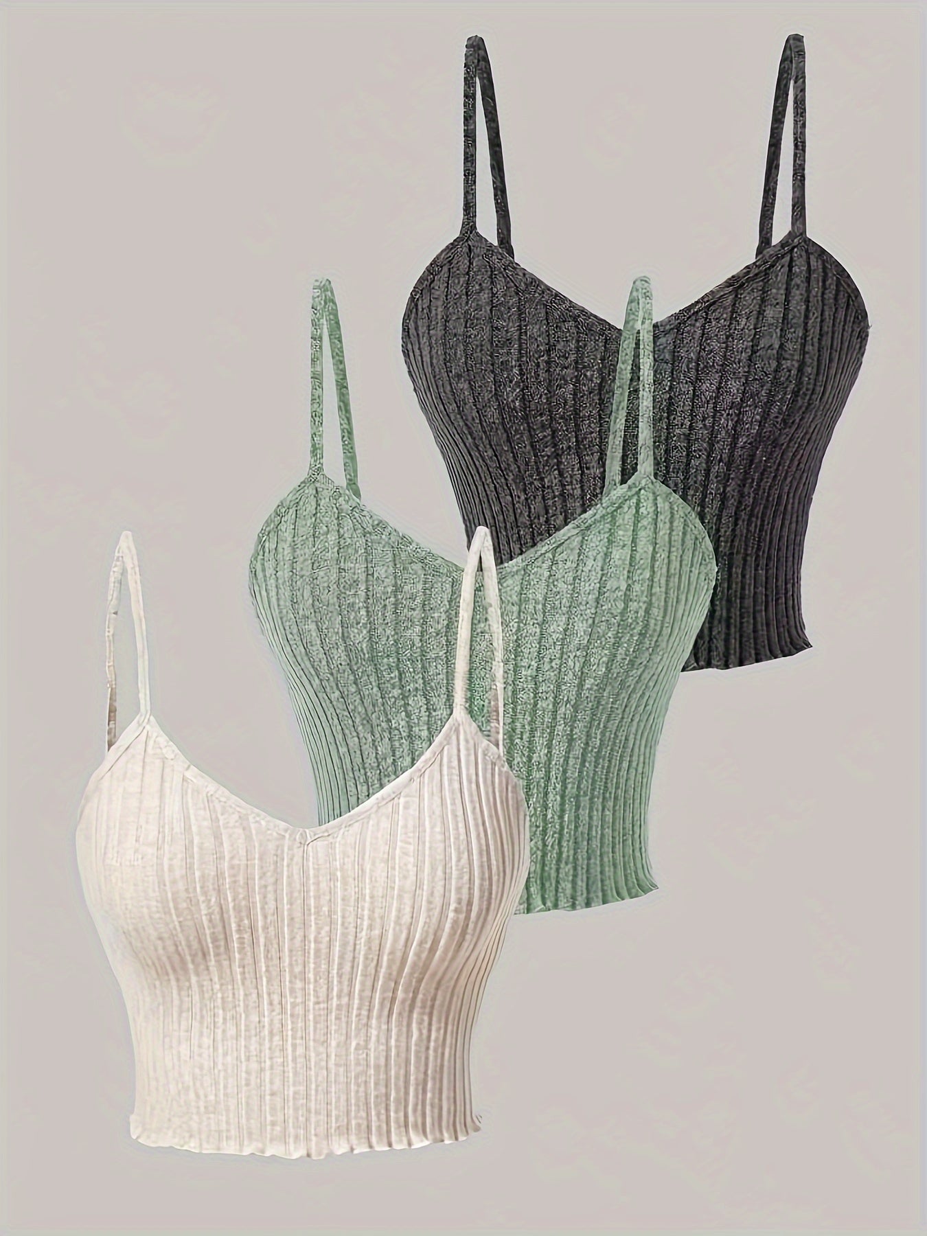 3pcs Ribbed Spaghetti Strap Tank Top, Casual Sleeveless Tank Top For Summer, Women's Clothing