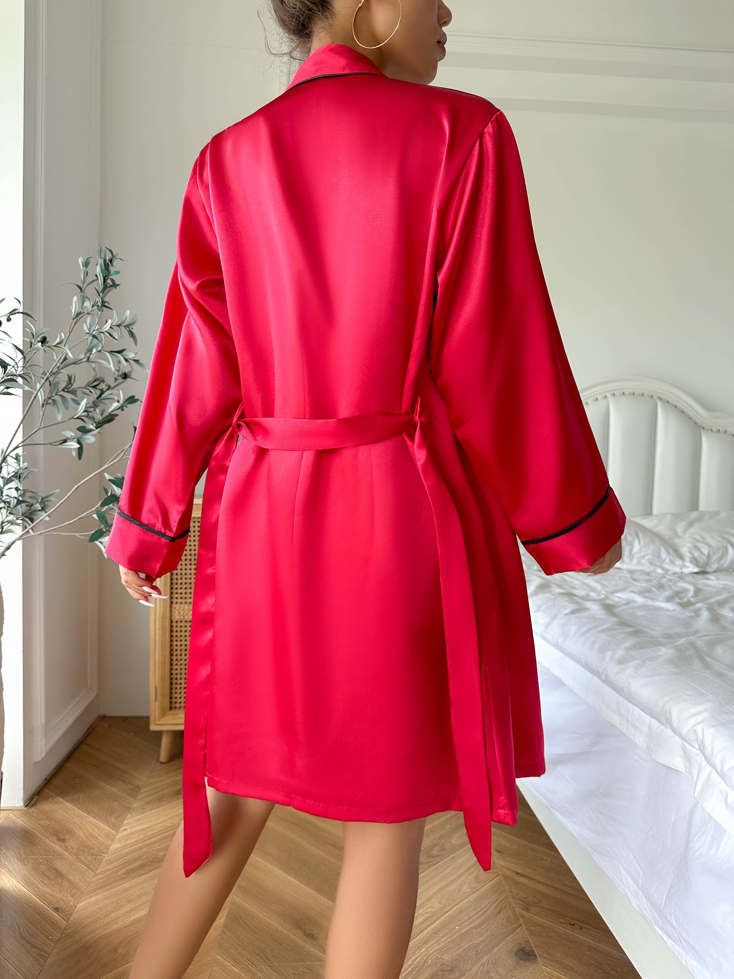 Luxurious Satin Pajama Set - Cozy Long Sleeve Robe with Belt, V-Neck Cami Top & Shorts - Womens Effortless Sleepwear and Lounging Elegance