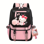 Hello Kitty Pink & Black Backpack with Plush Pendant - Cute Multi-Compartment Daypack, Adjustable Straps, Zip Closure, Lightweight & Foldable, Ideal for Daily Commute & Sanrio Fans, Kawaii Backpack | Charming Decoration | Pol