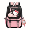 Hello Kitty Pink & Black Backpack with Plush Pendant - Cute Multi-Compartment Daypack, Adjustable Straps, Zip Closure, Lightweight & Foldable, Ideal for Daily Commute & Sanrio Fans, Kawaii Backpack | Charming Decoration | Pol