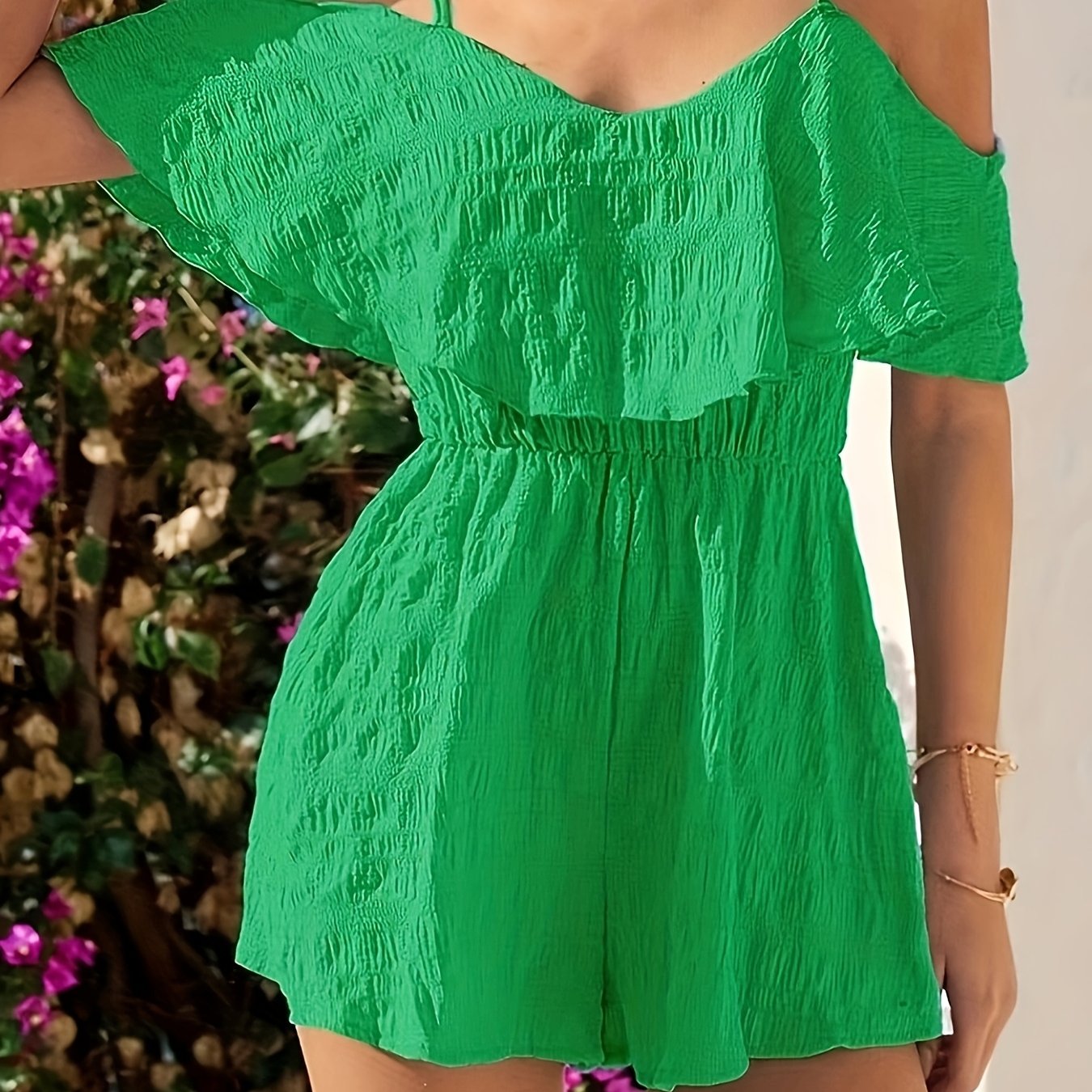 Women's Navy Blue Ruffle Romper - Off-Shoulder Layered Design, Elastic Waist Shorts, Machine Washable, Summer Casual Jumpsuit for Adults, Summer Casual Wear | Offshoulder Romper | Nontransparent Material