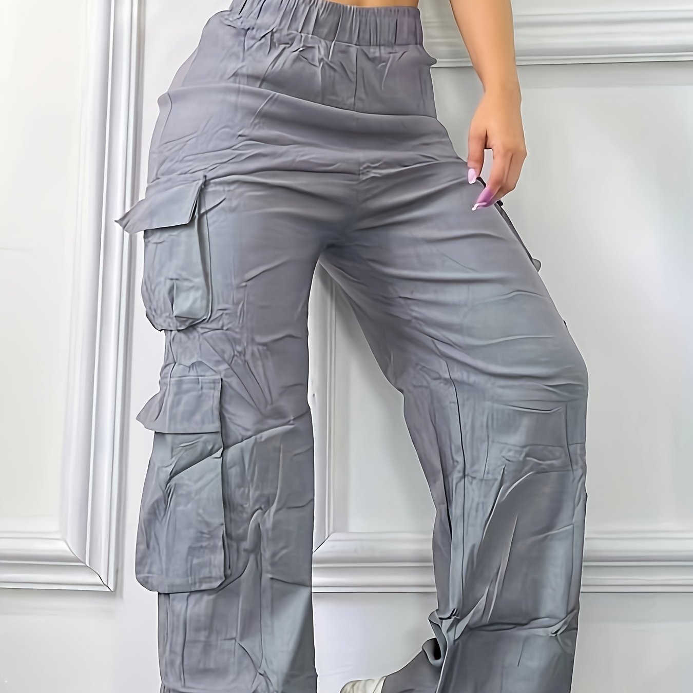 Flap Pockets Straight Leg Cargo Pants - Young Elastic High Waist Pants For Spring & Fall - Women's Clothing - For Women - Suitable for Casual Wear - Perfect Gift for Fashionable Ladies