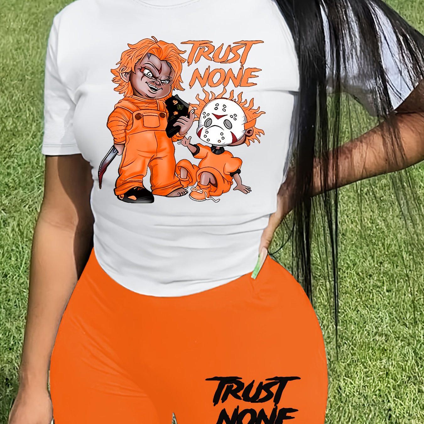 Sexy Orange & White Graphic Print Two-Piece Set - Women's "TRUST NONE" Short Sleeve T-Shirt & High-Waist Shorts, Polyester Blend, Machine Washable
