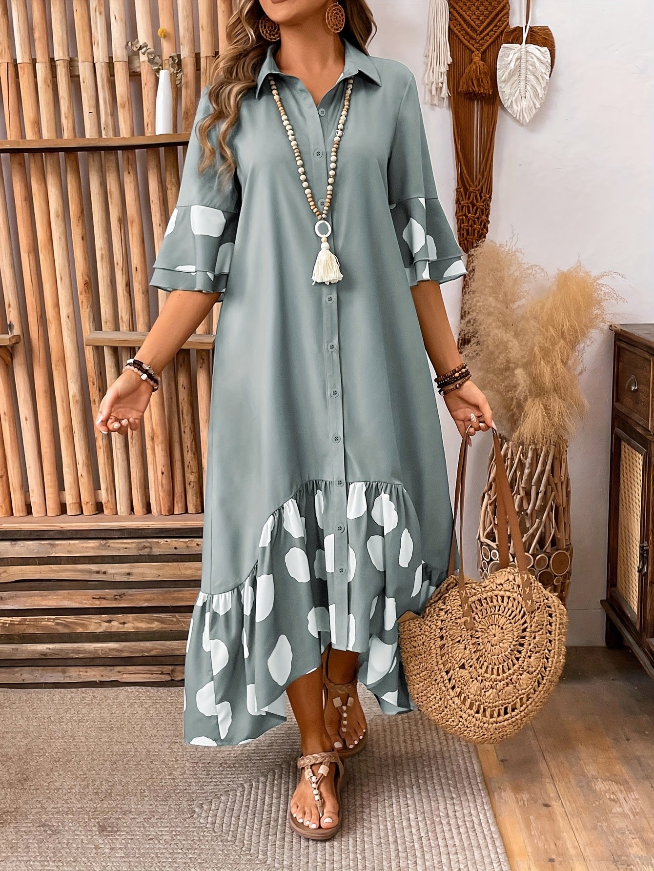 Elegant Women'S Long Sleeveless Dress with Front Button Detail and Polka Dot Print - Semi-Sheer A-Line Midi Skirt Dress for Spring/Fall, Cute Dress