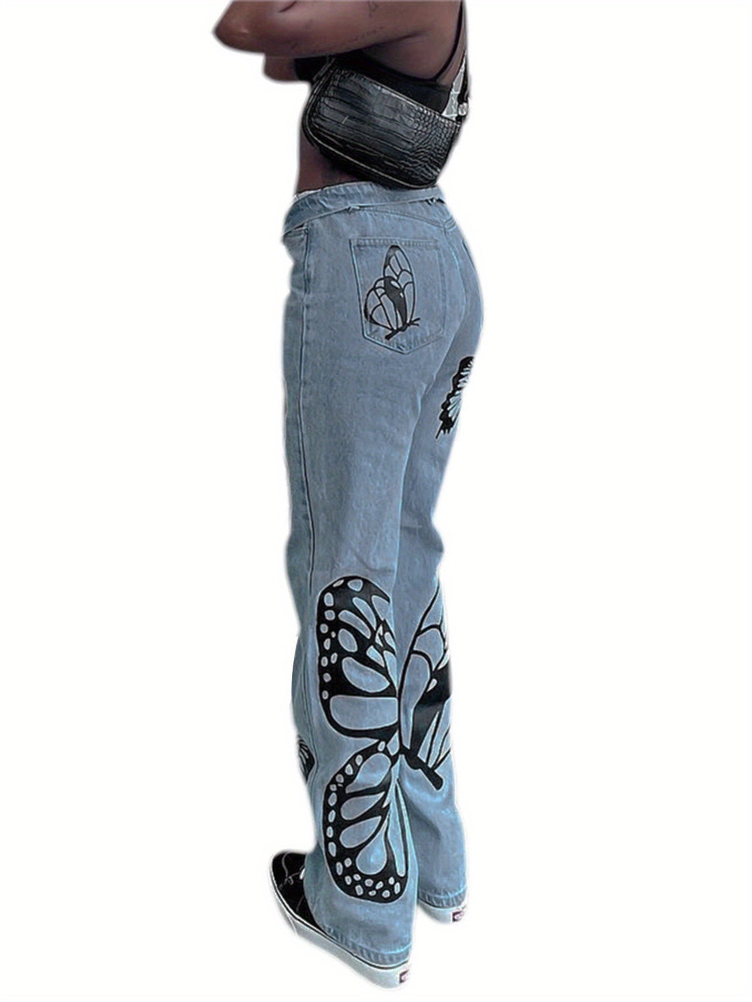 Womens Straight Leg Boyfriend Jeans, High Waist Butterfly Print Loose Denim Pants