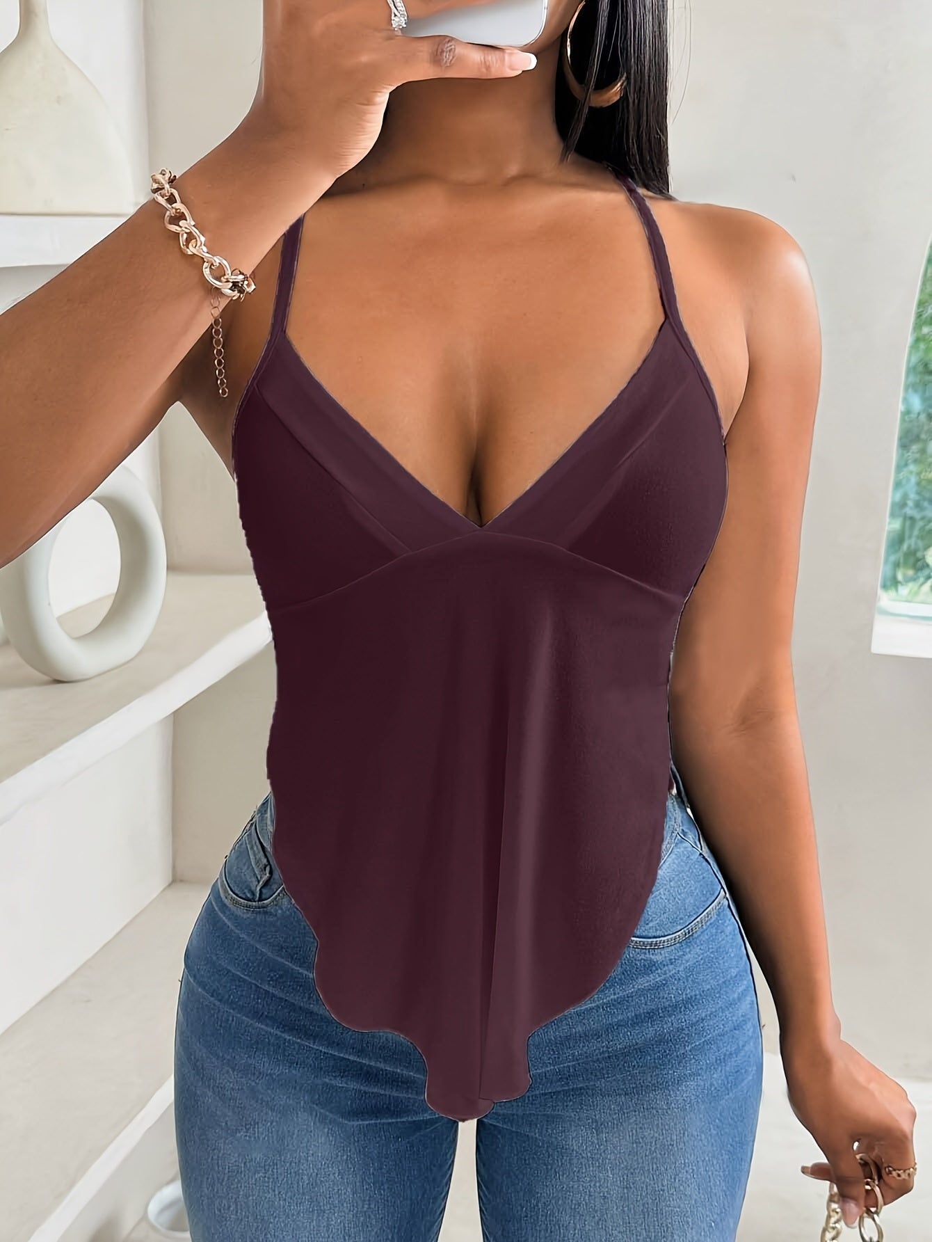 Women's Sexy Solid Color Cami Top - Sleeveless V-Neck Spaghetti Strap Tank, Casual Summer Backless Shirt, Soft Polyester Blend, Form-Fitting Red Camisole for Casual Attire