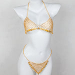 1 Set Bra + Panties Fashion Alloy Full Rhinestone Mesh Women's Bra Body Chain, Round Coin Tassel Pendant Body Chain Suitable for Parties, Music Festivals, Beach Body Accessories