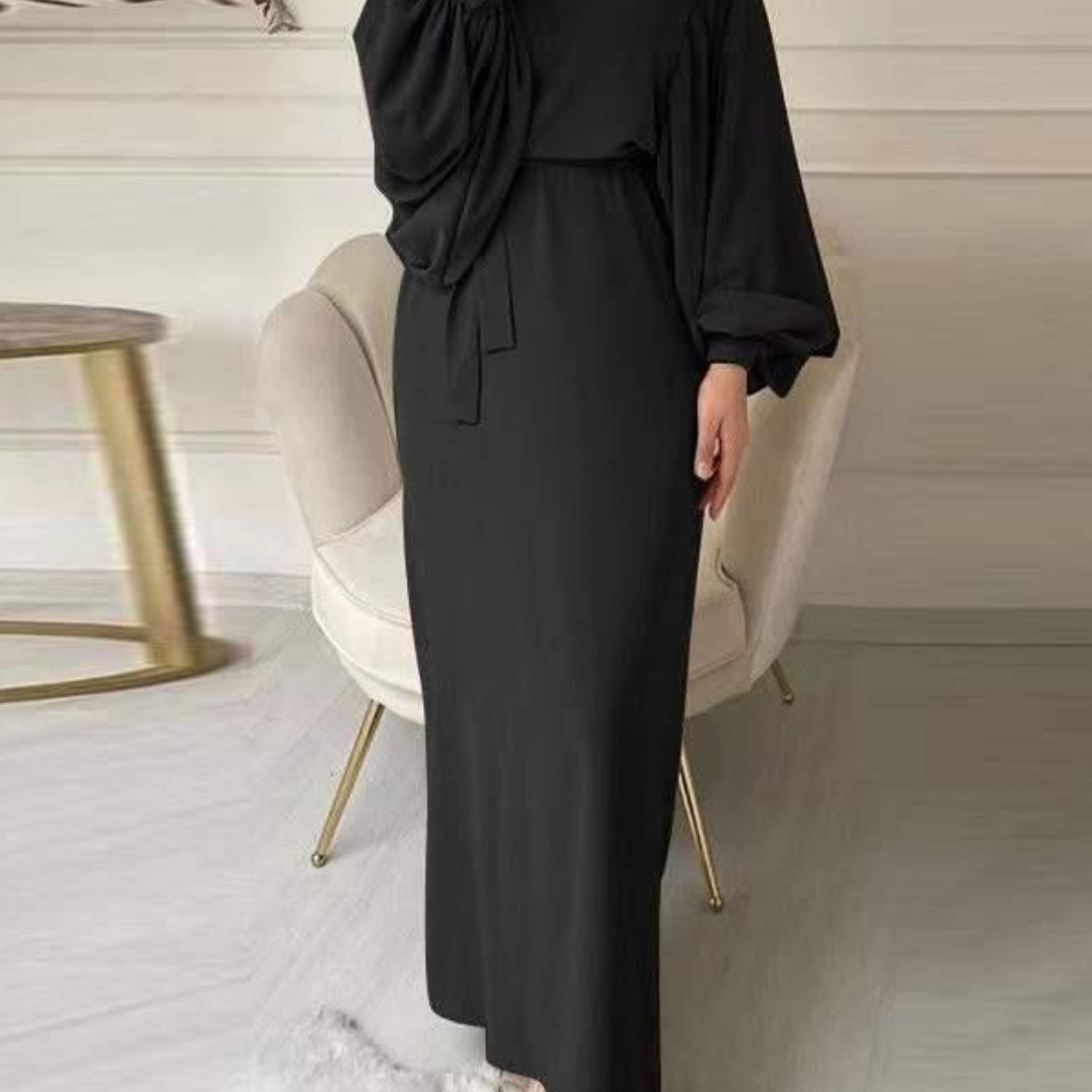 Women'S Long Dress, Solid Color, Round Neck, Lantern Sleeve, Abaya, Modern Arabic Style, Casual Dress with Belt, Polyester Fabric, 100g/m², for Adult, All Season