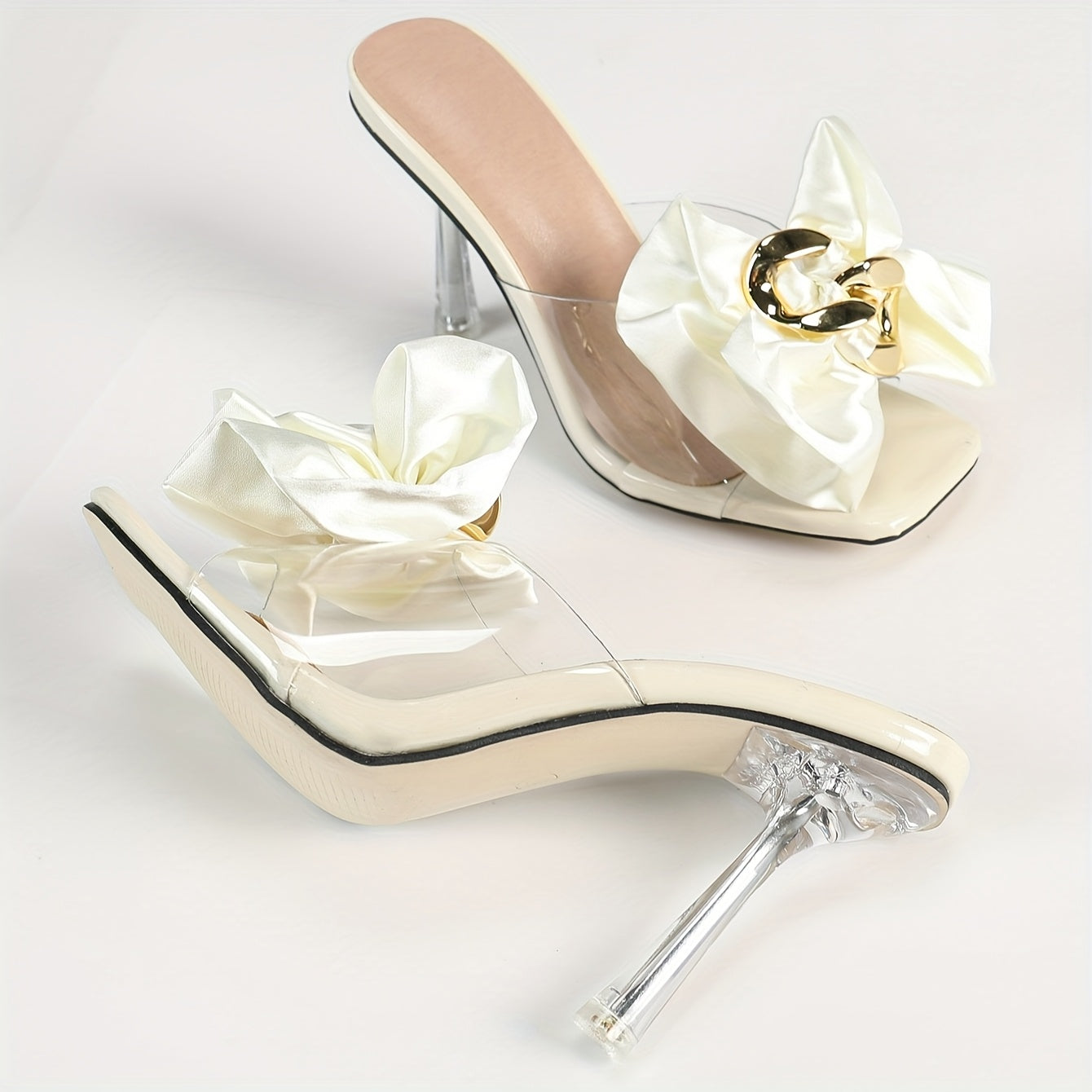 New spring 2025 open toed heel sandals with white floral metal buckle decoration, high-heeled sandals, plus size 46, slim fit, Comfort versatile and fashionable, suitable for commuting, weddings, dinners, dates, vacations and