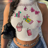 Women's Y2K-Inspired Graphic Print Tank Top - Stretchy Polyester & Spandex Blend, Crew Neck, Machine Washable - Perfect for Spring/Summer/Fall, White with Pinkish-Purple Hair Accessories Design
