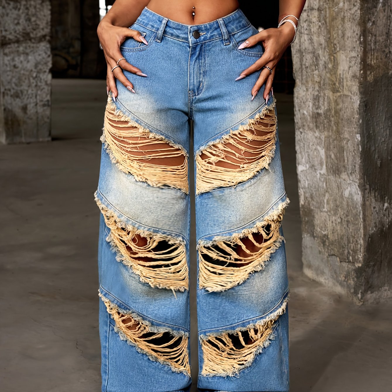 European And American Fashion Holes Long Ladies Jeans