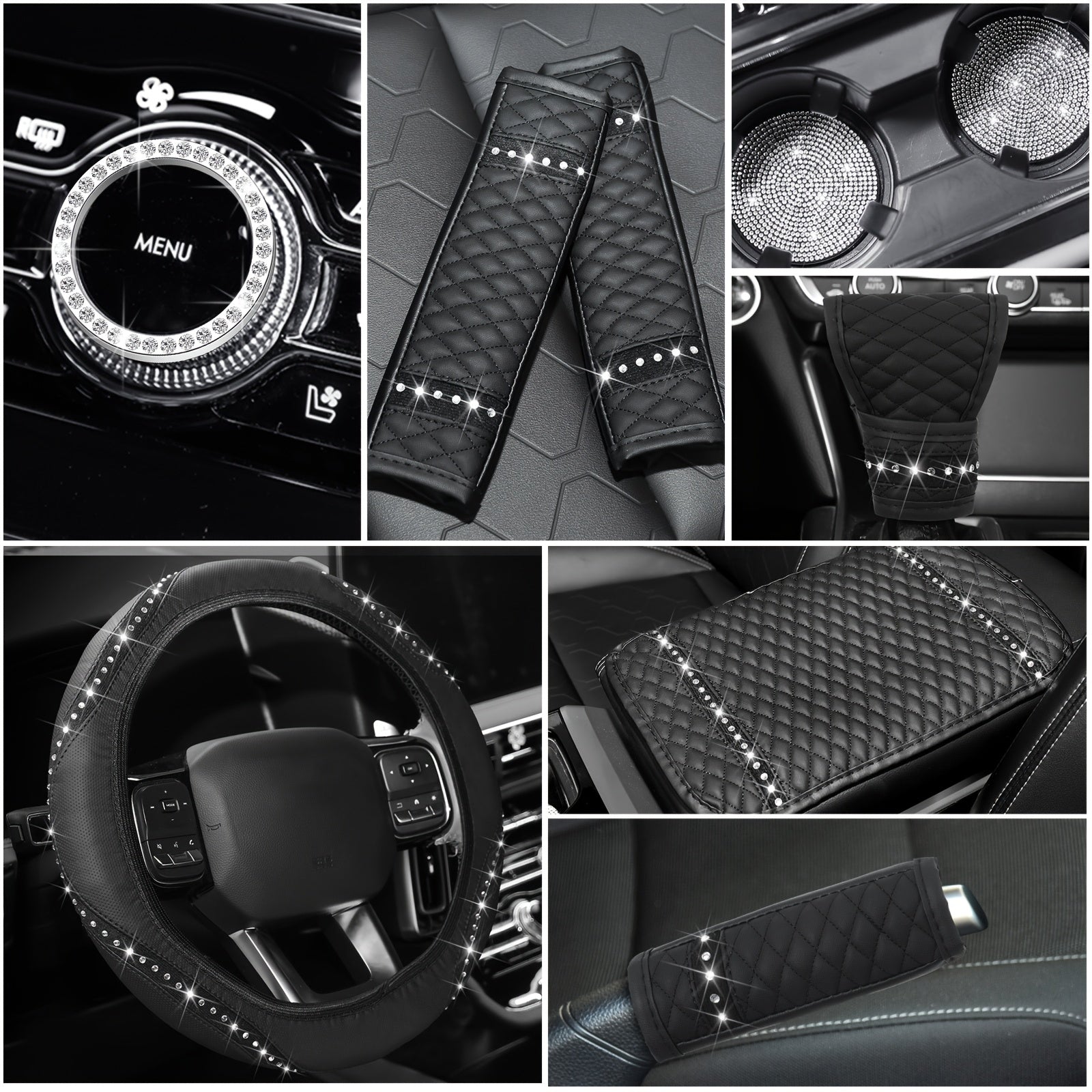 10pcs Bling Car Accessories Set For Women Rhinestones Faux Leather Accessories Steering Wheel Cover Armrest Cover Gear Shift Cover Seat Belt Cover Handbrake Cover Cup Pads Start Button Ring