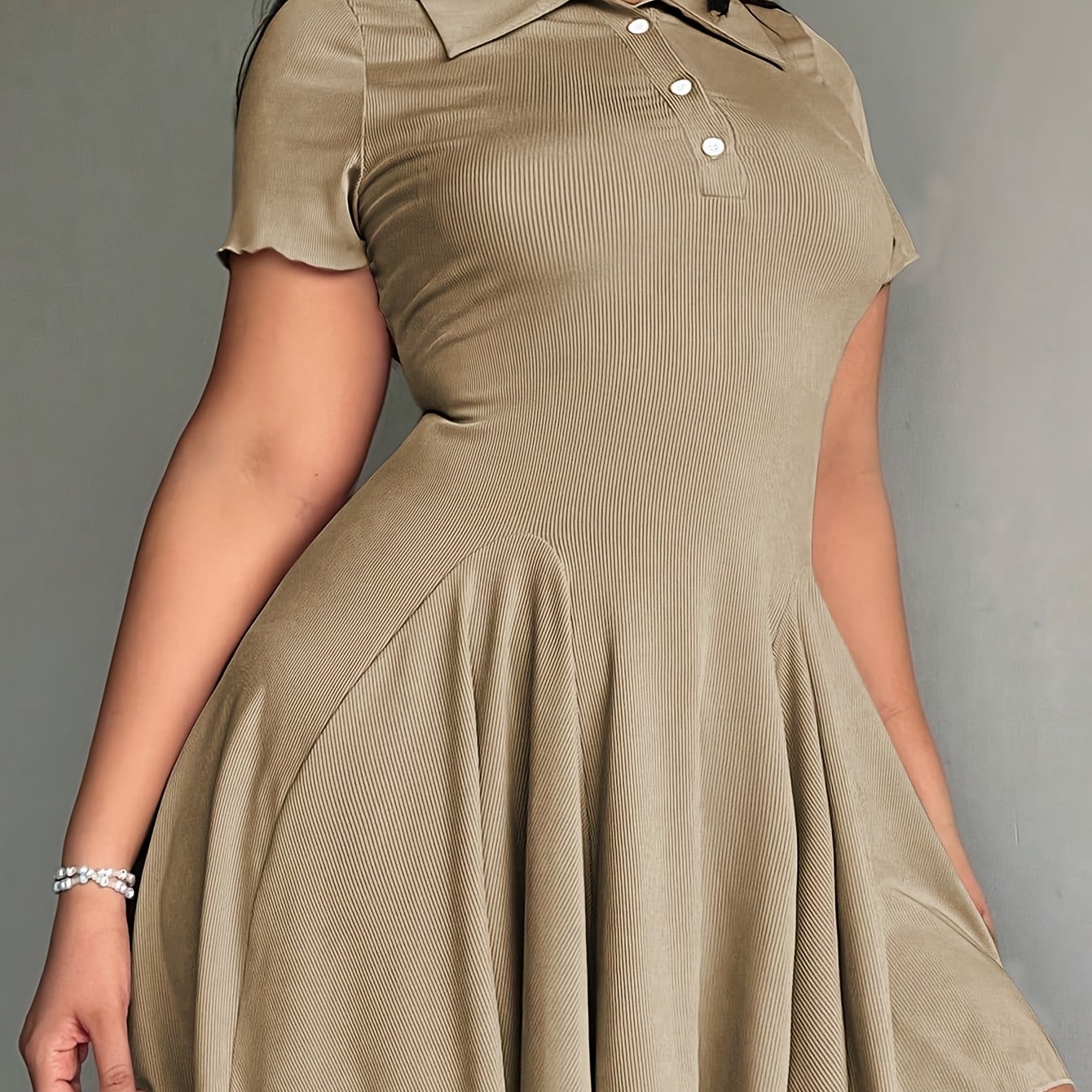 Women'S Casual Tennis Polo Dress - Short Sleeve, Button-Up Collar, Ribbed Texture, Knee-Length with Paddles, Beige, Casual Wear|Short Sleeve Dress|Buttonup Collar Dress