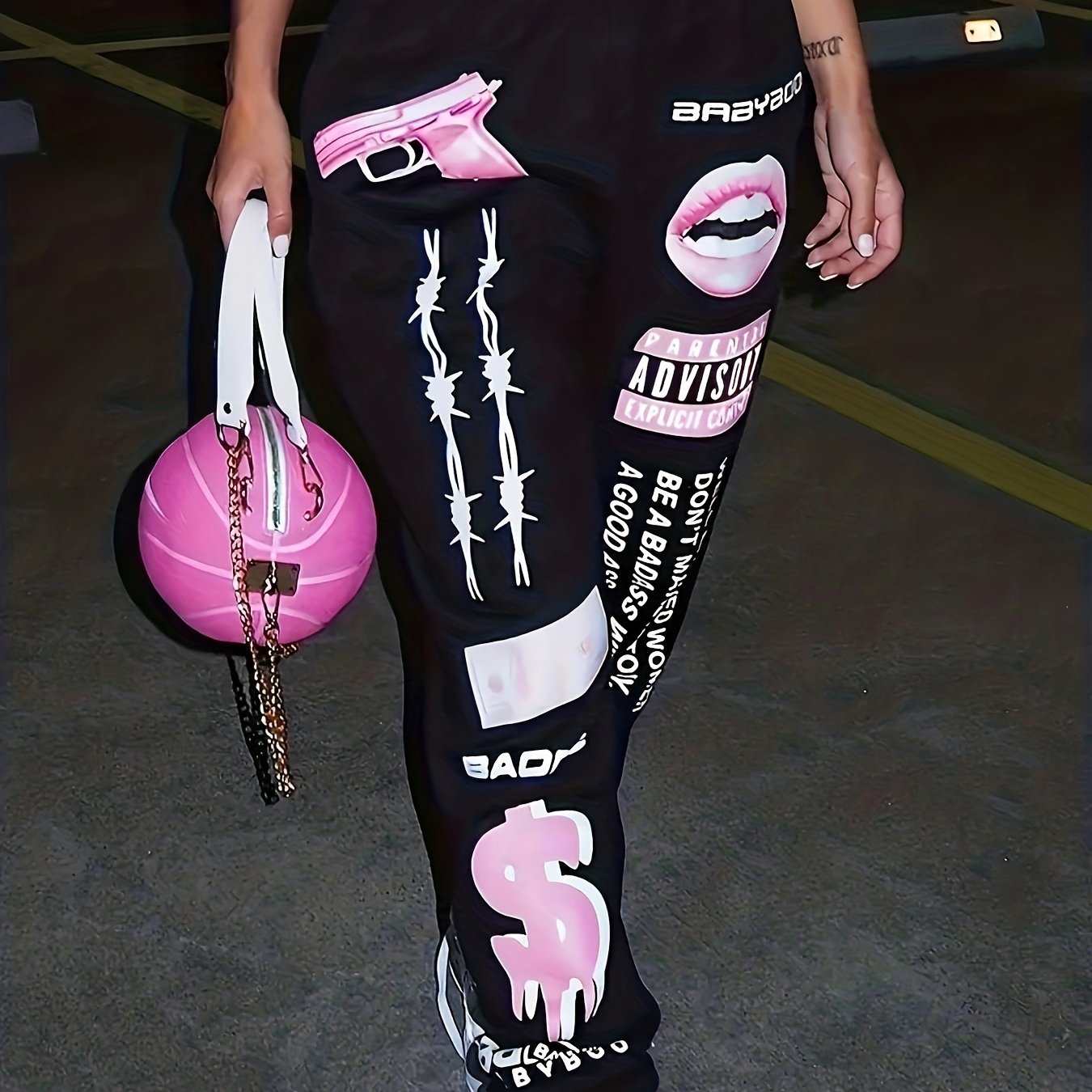 Women's Hip-Hop Inspired Casual Joggers with Letter Print - Comfy Polyester Blend, Machine Washable, Perfect for Spring/Fall, European And American Style, Elastic, Long Pants