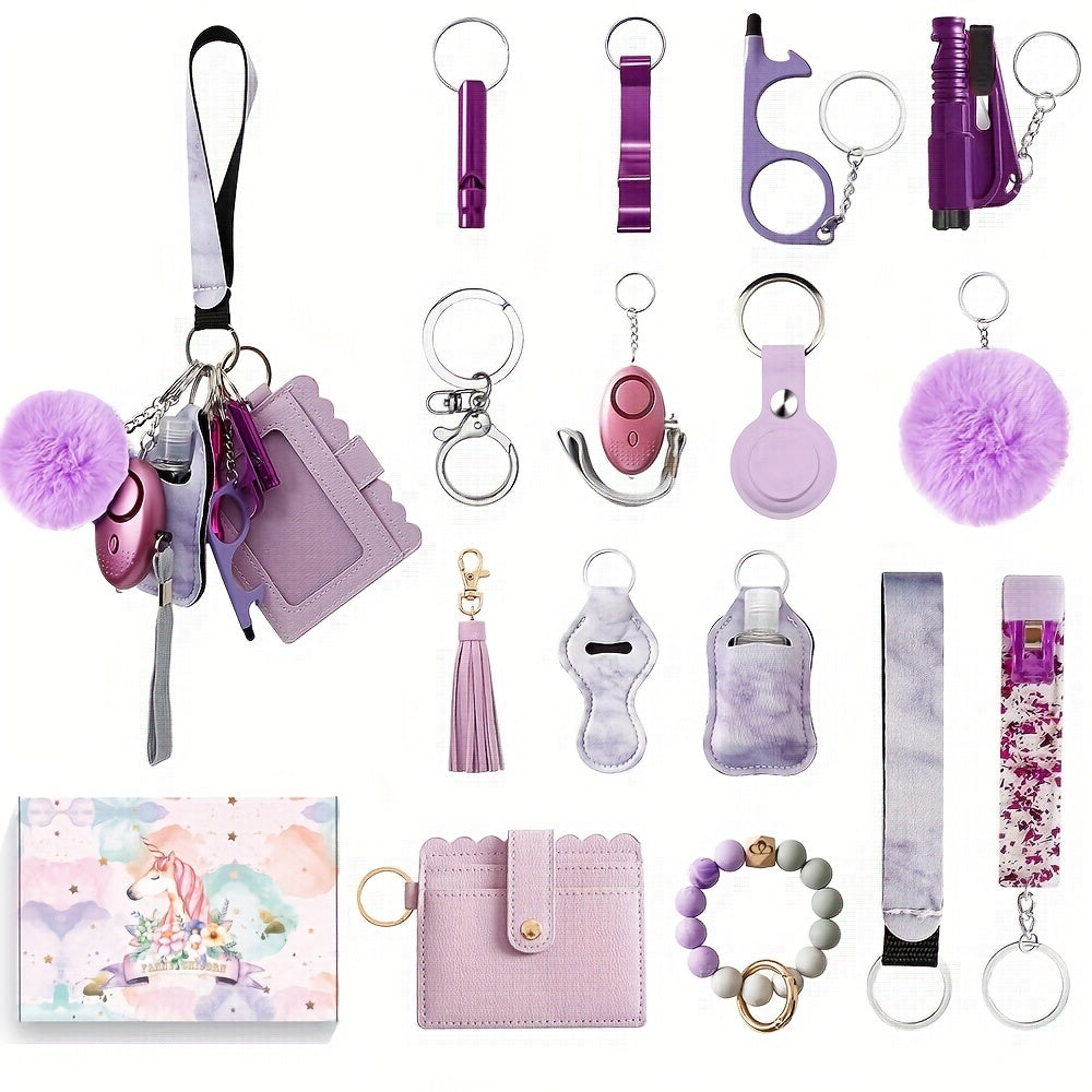 17pcs Women'S Safety Keychain Set with Personal Alarm, Friendship Love Theme, Oblong Shape, Snap Hook Closure, Floating Feature, Button Battery Included, Ideal Holiday Gift