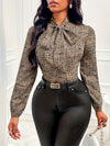 Allover Print Tie Neck Blouse, Elegant Long Sleeve Top For Spring & Fall, Women's Clothing