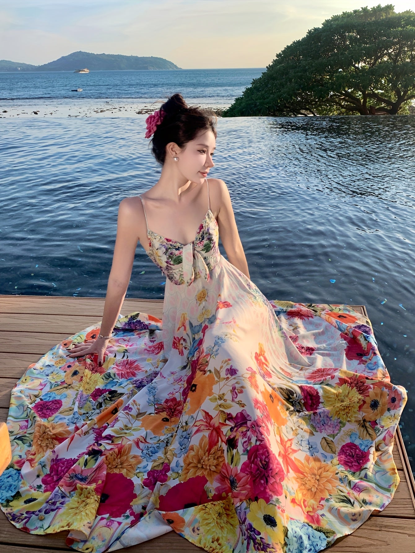 Women's Vibrant Floral Print Sleeveless Maxi Dress with Tropical V-Neck and Ruffled Hem - Perfect for Summer Vacations and Beach Outings, Vacation Attire | Fitted Waist, Beach Dress