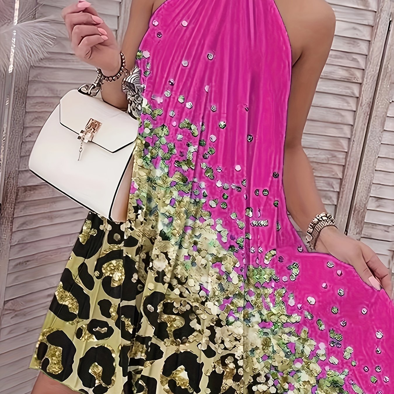 Graphic Print Pleated Halter Neck Dress, Elegant Sleeveless Loose Dress For Spring & Summer, Women's Clothing